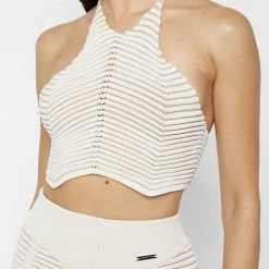 Woman Tops Knitted Contour Halterneck Top - Off White/Beige TOPS & T SHIRTS