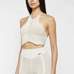 Woman Tops Knitted Contour Halterneck Top - Off White/Beige TOPS & T SHIRTS