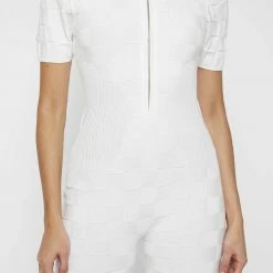 Woman Jumpsuits Chequerboard Knitted Playsuit - White JUMPSUITS & PLAYSUITS
