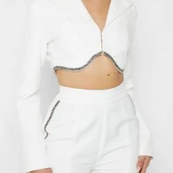 Woman Jackets Embellished Cropped Blazer - White CO-ORDS
