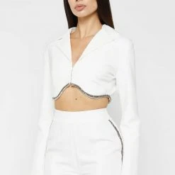 Woman Jackets Embellished Cropped Blazer - White CO-ORDS