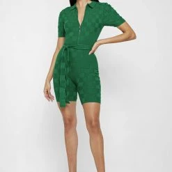 Woman Jumpsuits JUMPSUITS & PLAYSUITS Chequerboard Knitted Playsuit - Green