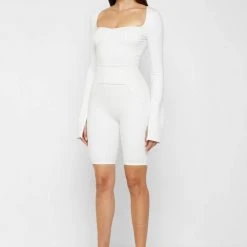 Woman Jumpsuits Pleated Vegan Leather & Bandage Playsuit - White JUMPSUITS & PLAYSUITS