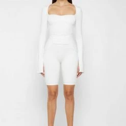 Woman Jumpsuits Pleated Vegan Leather & Bandage Playsuit - White JUMPSUITS & PLAYSUITS