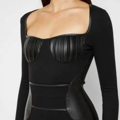 Woman Jumpsuits Pleated Vegan Leather & Bandage Playsuit - Black JUMPSUITS & PLAYSUITS