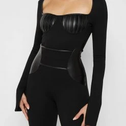 Woman Jumpsuits Pleated Vegan Leather & Bandage Playsuit - Black JUMPSUITS & PLAYSUITS