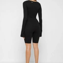 Woman Jumpsuits Pleated Vegan Leather & Bandage Playsuit - Black JUMPSUITS & PLAYSUITS