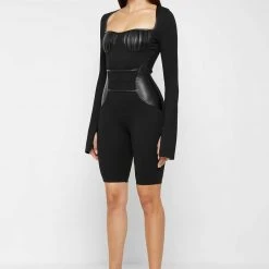 Woman Jumpsuits Pleated Vegan Leather & Bandage Playsuit - Black JUMPSUITS & PLAYSUITS
