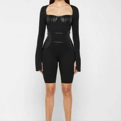 Woman Jumpsuits Pleated Vegan Leather & Bandage Playsuit - Black JUMPSUITS & PLAYSUITS