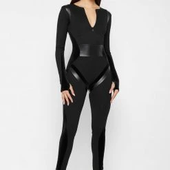 Woman Jumpsuits Vegan Leather & Bandage Contour Jumpsuit - Black