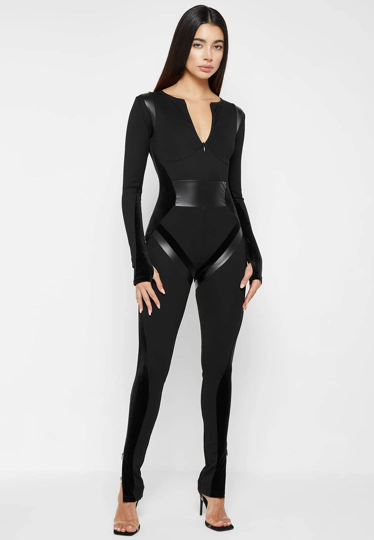 Woman Jumpsuits Vegan Leather & Bandage Contour Jumpsuit - Black