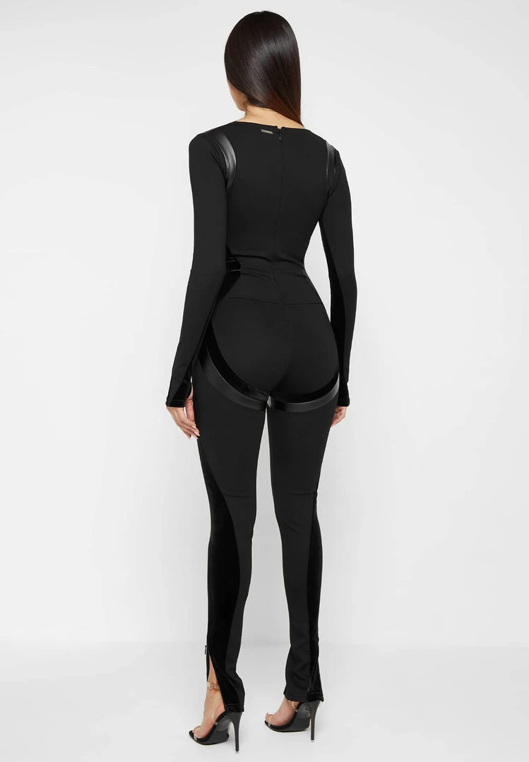 Woman Jumpsuits Vegan Leather & Bandage Contour Jumpsuit - Black