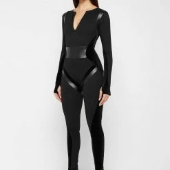 Woman Jumpsuits Vegan Leather & Bandage Contour Jumpsuit - Black