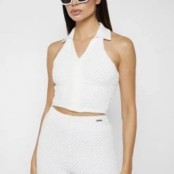 Woman Tops Bubble Knit Polo Crop Top - White