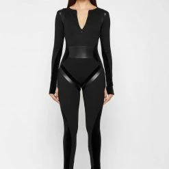 Woman Jumpsuits Vegan Leather & Bandage Contour Jumpsuit - Black