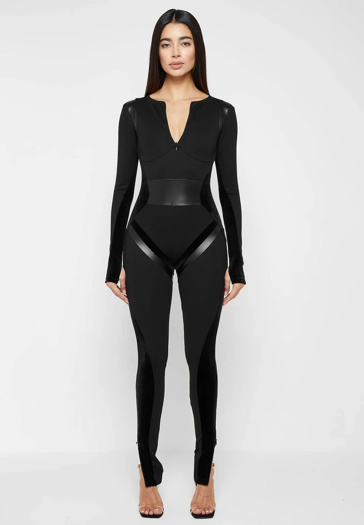 Woman Jumpsuits Vegan Leather & Bandage Contour Jumpsuit - Black