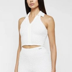 Woman Tops Bubble Knit Polo Crop Top - White
