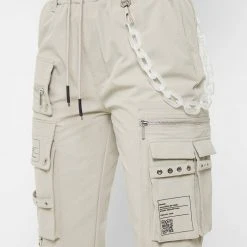 Woman Trousers Cargo Pants With Frosted Chain - Beige
