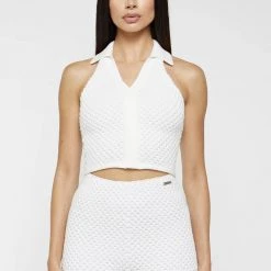 Woman Tops Bubble Knit Polo Crop Top - White
