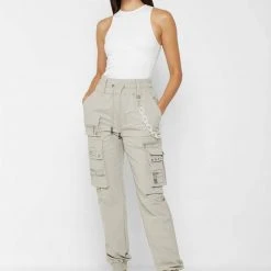 Woman Trousers Cargo Pants With Frosted Chain - Beige