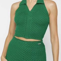 Woman Tops Bubble Knit Polo Crop Top - Green