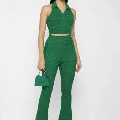 Woman Tops Bubble Knit Polo Crop Top - Green