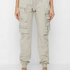 Woman Trousers Cargo Pants With Frosted Chain - Beige