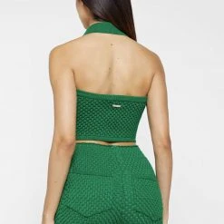Woman Tops Bubble Knit Polo Crop Top - Green