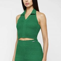 Woman Tops Bubble Knit Polo Crop Top - Green