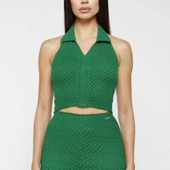 Woman Tops Bubble Knit Polo Crop Top - Green