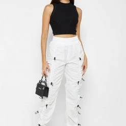 Woman Trousers Nylon Bungee Ruched Cargo Pants - White/Black CARGO PANTS & JOGGERS