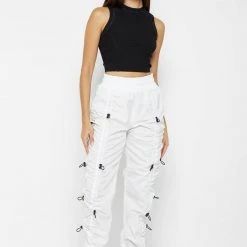 Woman Trousers Nylon Bungee Ruched Cargo Pants - White/Black CARGO PANTS & JOGGERS