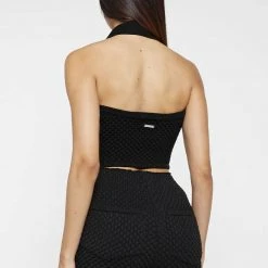 Woman Tops Bubble Knit Polo Crop Top - Black TOPS & T SHIRTS