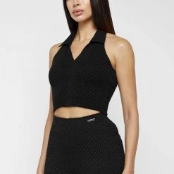 Woman Tops Bubble Knit Polo Crop Top - Black TOPS & T SHIRTS