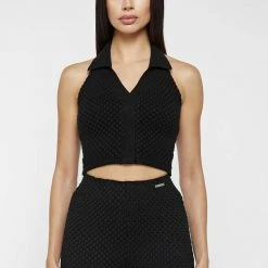 Woman Tops Bubble Knit Polo Crop Top - Black TOPS & T SHIRTS
