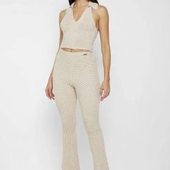 Woman Tops TOPS & T SHIRTS Bubble Knit Polo Crop Top - Beige