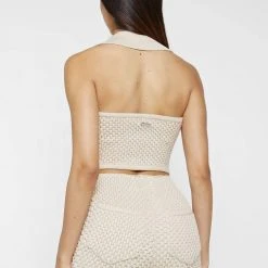 Woman Tops TOPS & T SHIRTS Bubble Knit Polo Crop Top - Beige