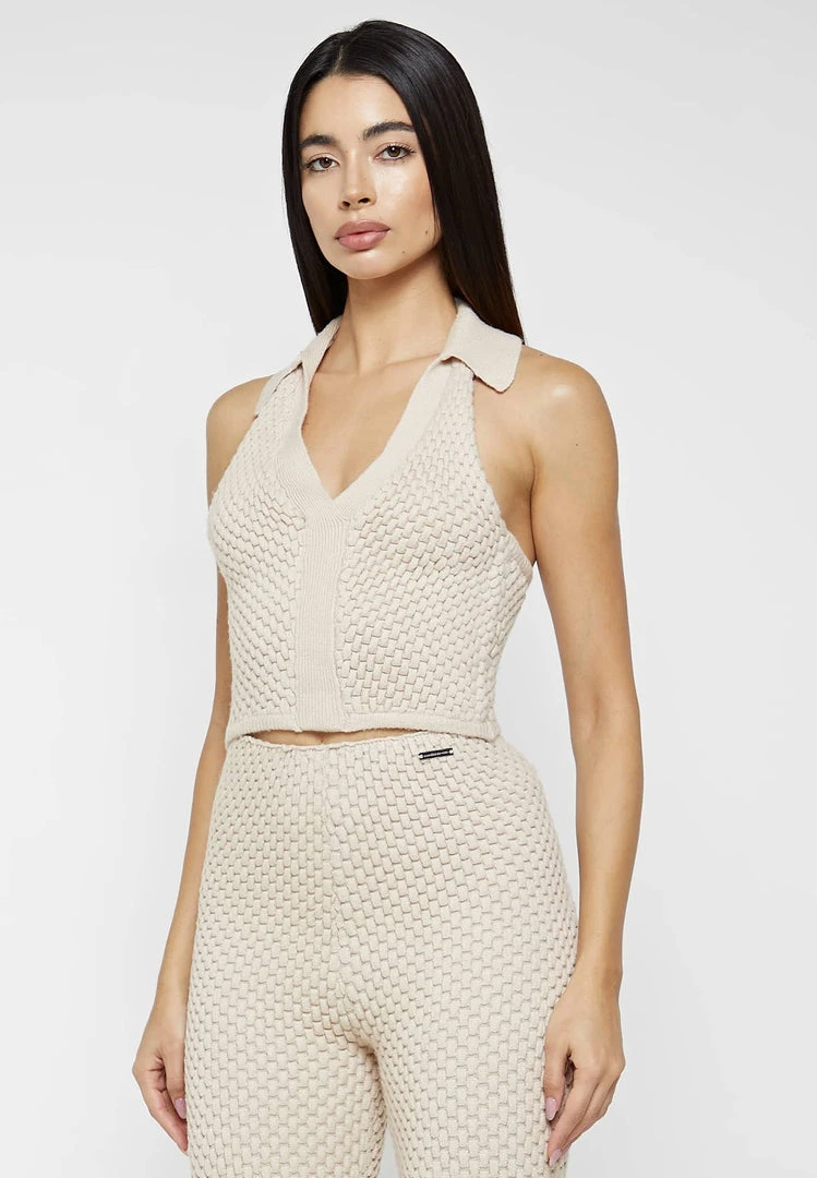 Woman Tops TOPS & T SHIRTS Bubble Knit Polo Crop Top - Beige