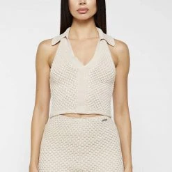 Woman Tops TOPS & T SHIRTS Bubble Knit Polo Crop Top - Beige