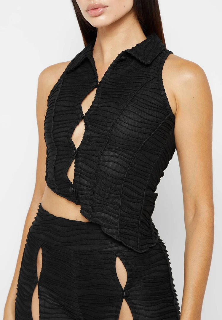 Woman Tops Asymmetric Shirred Mesh Top - Black