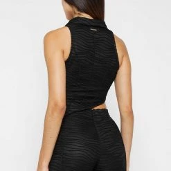 Woman Tops Asymmetric Shirred Mesh Top - Black