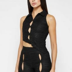 Woman Tops Asymmetric Shirred Mesh Top - Black