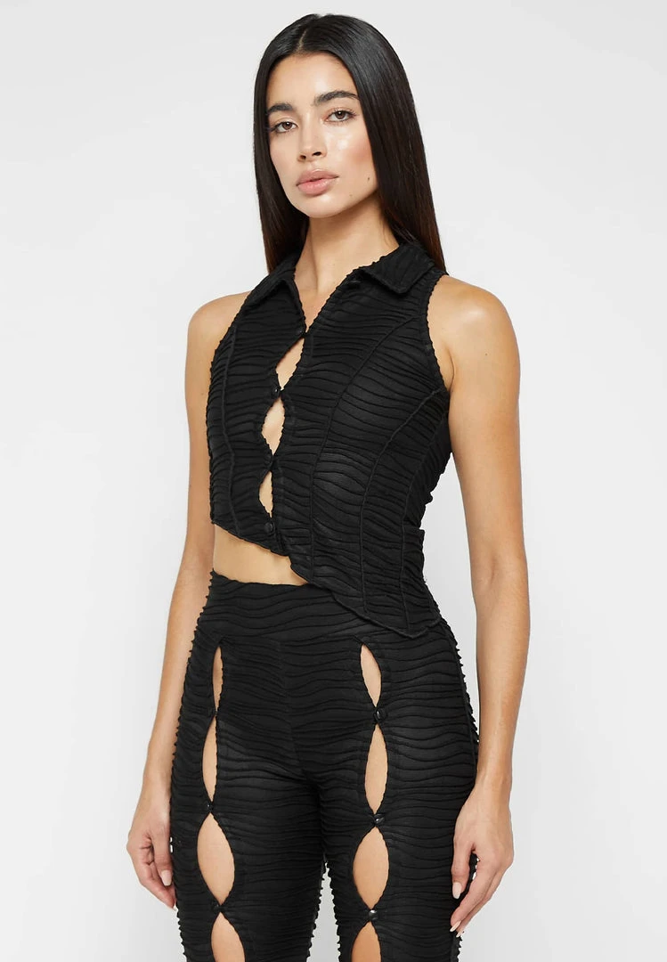 Woman Tops Asymmetric Shirred Mesh Top - Black