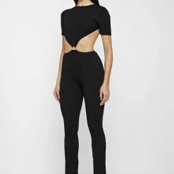 Woman Jumpsuits Knitted Backless Jumpsuit - Black