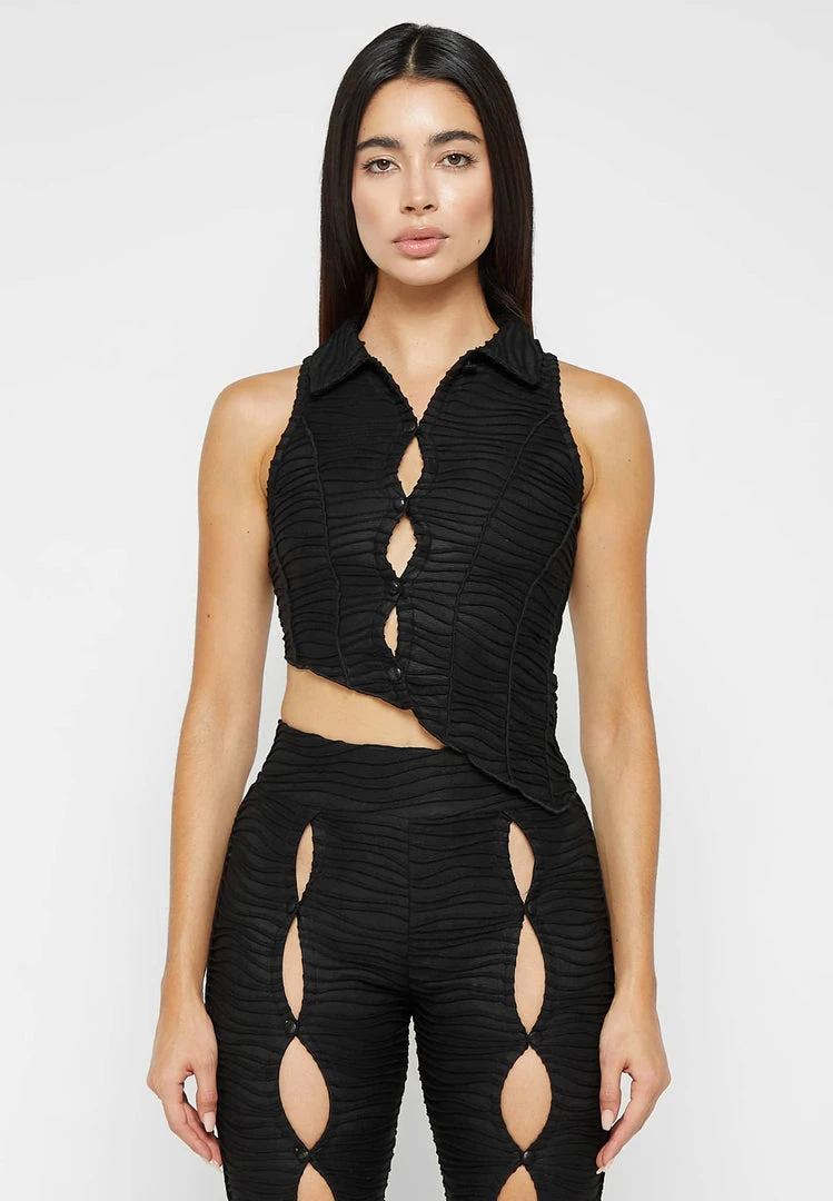 Woman Tops Asymmetric Shirred Mesh Top - Black