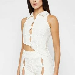 Woman Tops TOPS & T SHIRTS Asymmetric Shirred Mesh Top - Off White