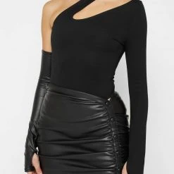 Woman Tops Asymmetric Bodysuit With Vegan Leather Sleeve - Black