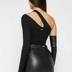 Woman Tops Asymmetric Bodysuit With Vegan Leather Sleeve - Black