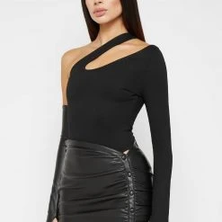 Woman Tops Asymmetric Bodysuit With Vegan Leather Sleeve - Black