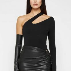 Woman Tops Asymmetric Bodysuit With Vegan Leather Sleeve - Black